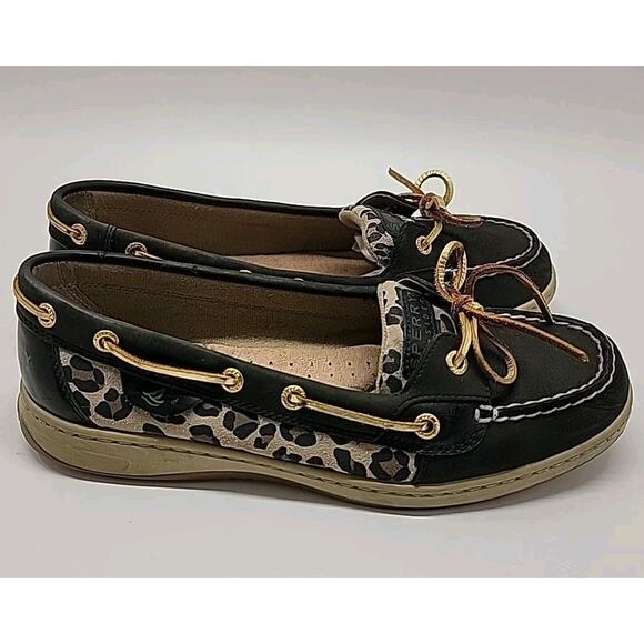 SPERRY TOP SIDER Shoes Womens 9 Black Brown Cheetah Leopard Angelfish Boat Shoes - Picture 1 of 15